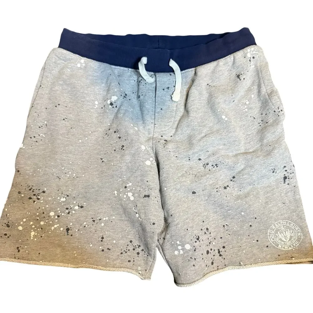 Ralph Lauren Paint Splatter Drawstring Sweat Shorts, Gray & Navy, Boys 14/16